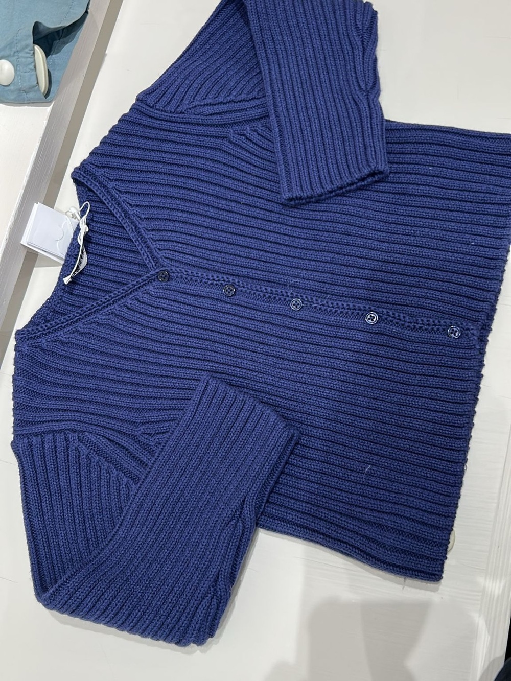 Bonpoint Navy Ribbed V-Neck Button Cardigan